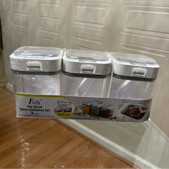 Felli Flip-Up Lid Spice Container Set 3 Pack,Whit Sponn - Picture 1 of 5